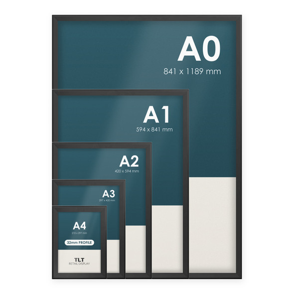 Black 32mm snap frames in five sizes, A4 to A0, shown together