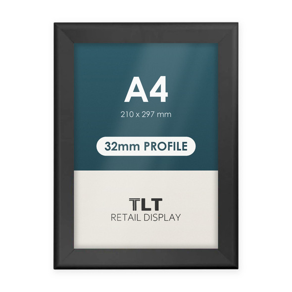 A4 black 32mm heavy duty snap frame with square corners, front view