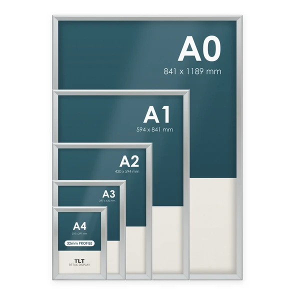 Silver 32mm snap frames in five sizes, A4 to A0, shown together