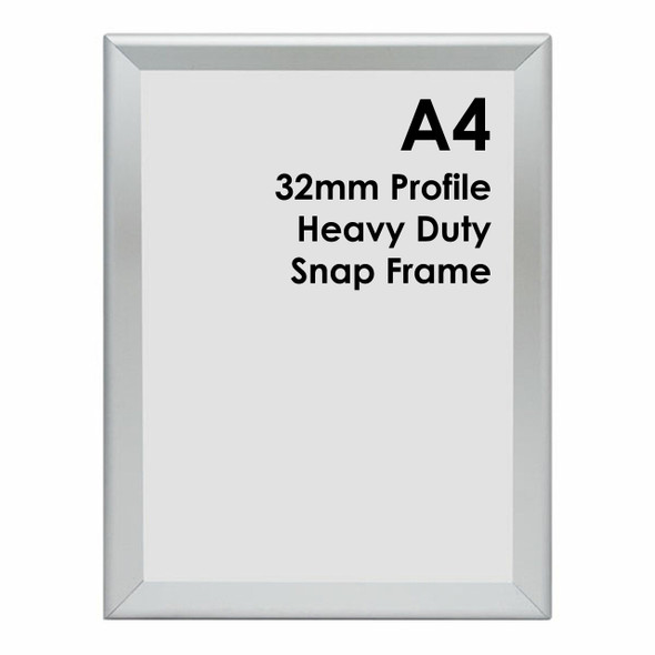 A4 silver 32mm heavy duty snap frame with square corners, front view