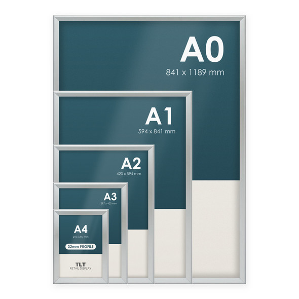 Silver 32mm snap frames in five sizes, A4 to A0, shown together
