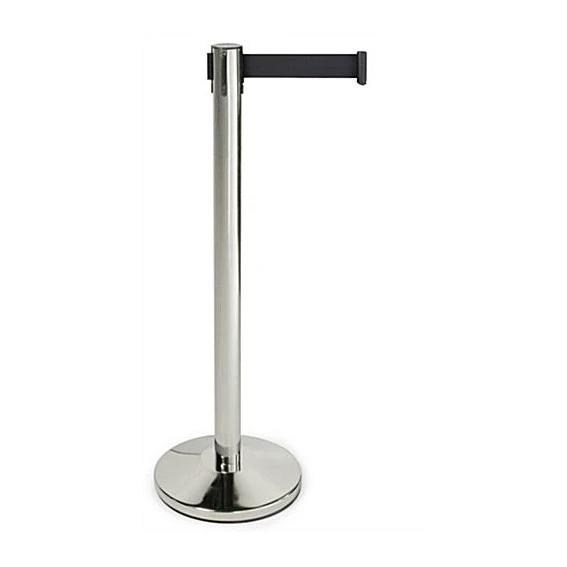Set of 2 premium 2m retractable black belt queue barriers in silver stainless steel