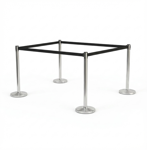 Set of 4 Premium 2m Retractable Belt Queue Barrier –  Silver Crowd Control Stanchion Stainless Steel