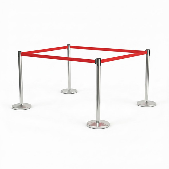 Premium silver queue barrier post with red soft-retract belt and cement-filled base, 4 posts