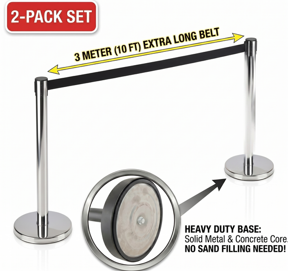Silver 92 cm retractable belt queue barrier with a black belt, 2 posts