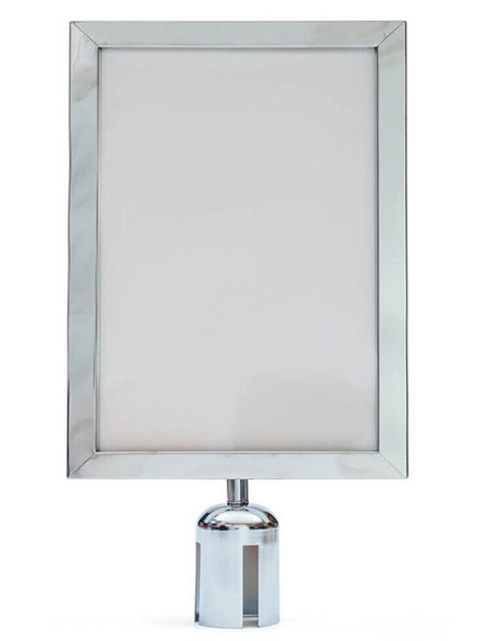 Silver A4 and A3 sign holder for a retractable belt queue post, front view