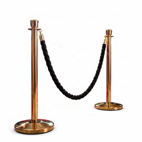 Preuium Queue Barriers Set Crowd Control Bollards (2x goledn POLE+ 1x braided Black Rope)