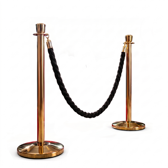 Premium Queue Barriers Set Crowd Control Bollards (2x golden POLE+ 1x braided Black Rope) (view 11)
