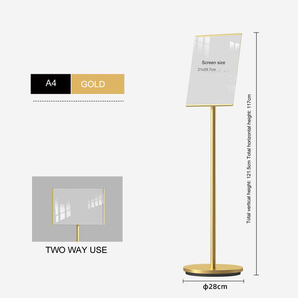 A4 gold AB floor poster stand with round base, front view
