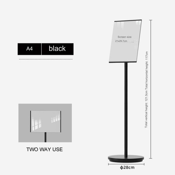 A4 black floor poster stand with size and height details