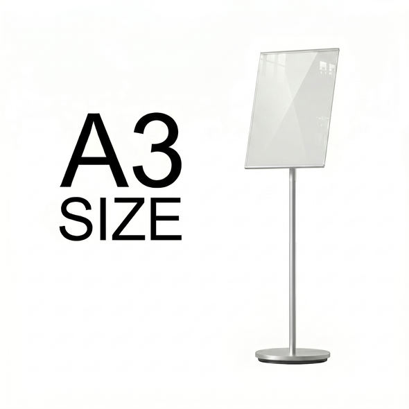 A3 silver AB floor poster stand with round base, front view