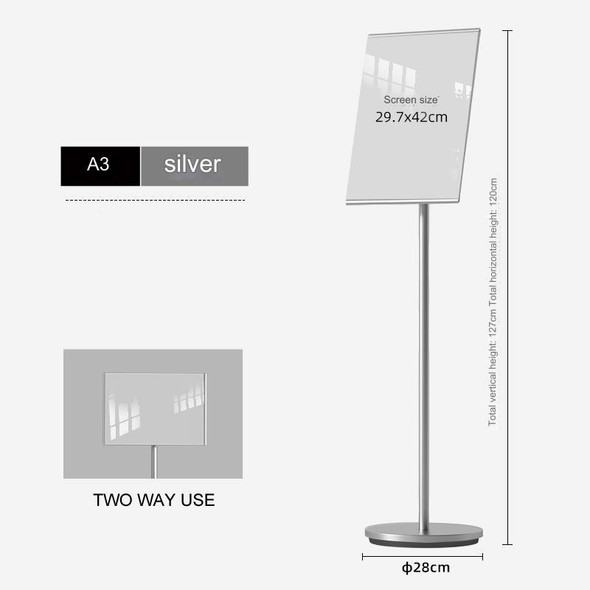 A3 silver AB floor poster stand with round base, front view