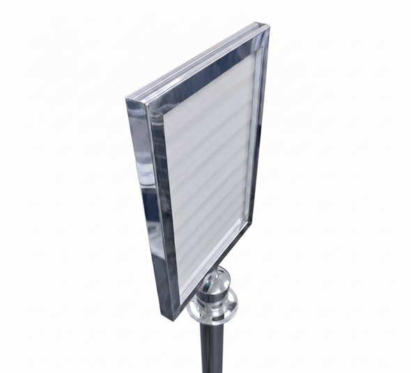 Premium Chrome Rope Bollard Barrier with Double-Sided A4 Sign Holder