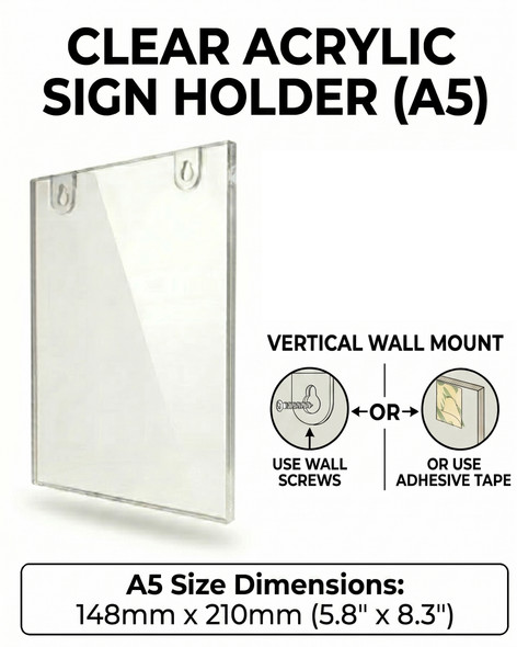 A5 Clear Acrylic Wall Mounted Sign Holder in Portrait Orientation