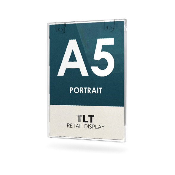 A5 clear acrylic wall mounted sign holder, portrait, with a sign inserted