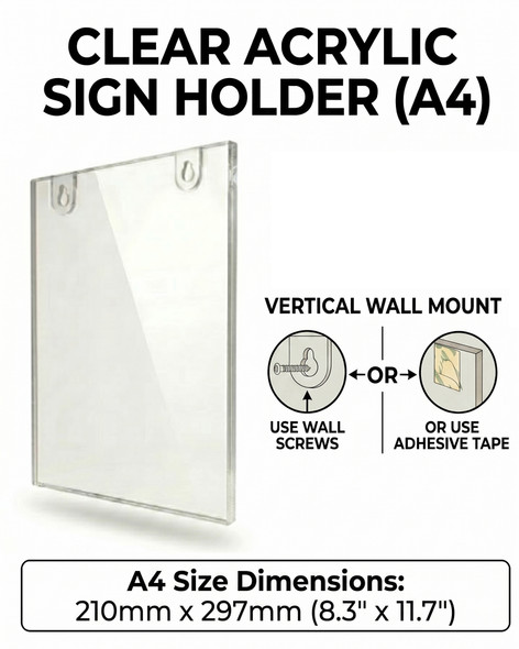 A4 clear acrylic wall mounted sign holder in portrait orientation