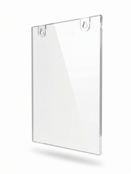 A4 acrylic sign holder shown with its size and the two mounting options