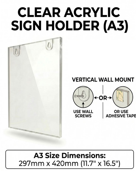 A3 acrylic sign holder shown with its size and the two mounting options