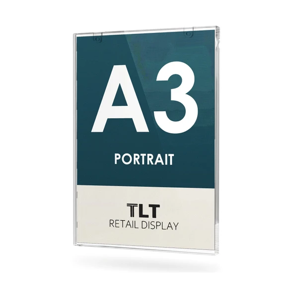 A3 clear acrylic wall mounted sign holder, portrait, with a sign inserted