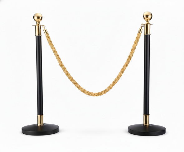 2x Black Gold Queue Barriers with Red Rope