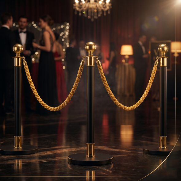 black and gold rope stanchion in use guiding a queue