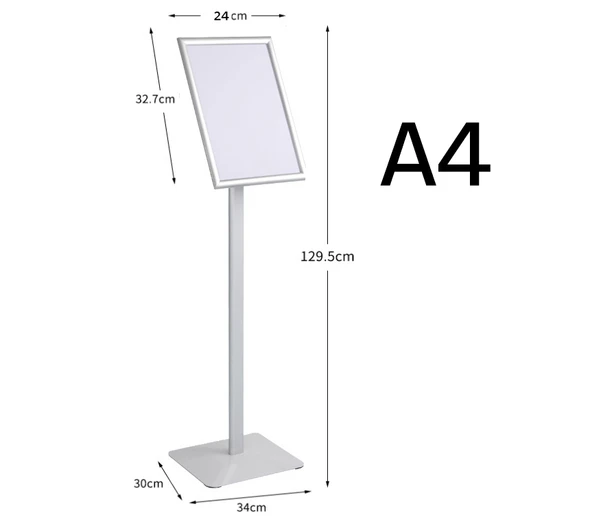 A4 silver floor standing poster stand, 129.5 cm tall on a 34 x 30 cm metal base