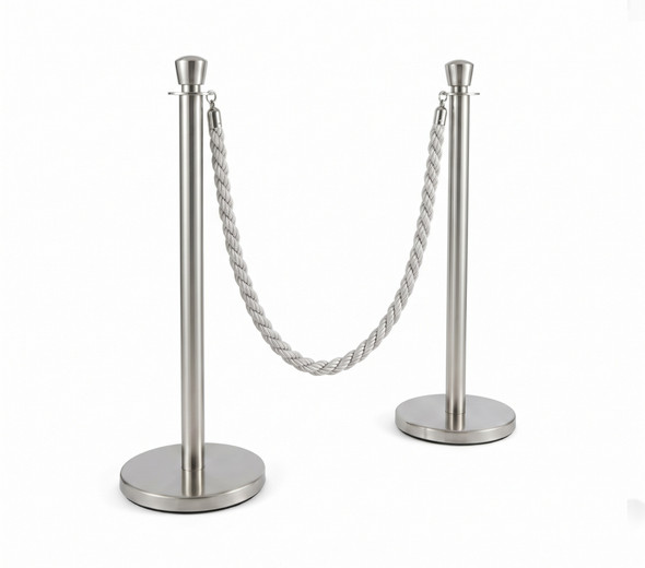 Polished Stainless Steel Rope Barrier Stanchion Set - 2 Posts & 1 Silver Rope