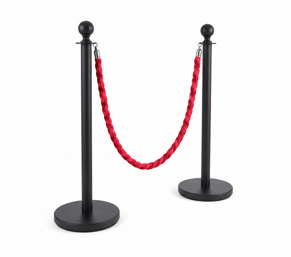 Smooth Black Rope Barrier Stanchion Set - 2 Posts & 1 Red Rope