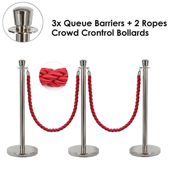 3x Queue Barriers + 2 Ropes Crowd Control Bollards Stands (SILVER WITH RED ROPE)
