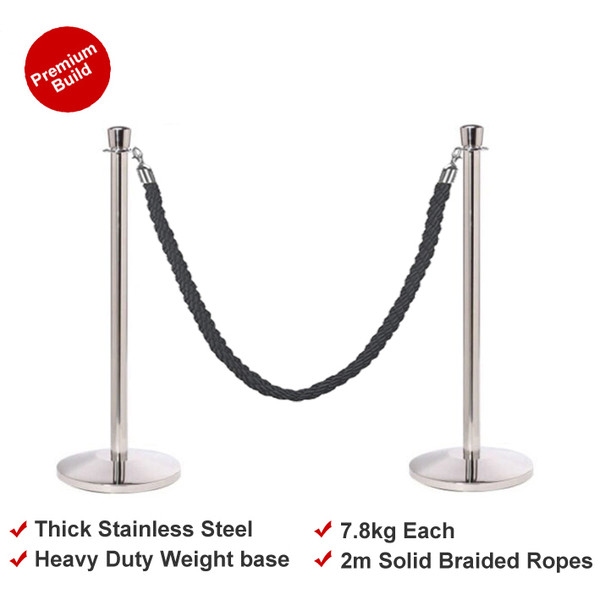 Premium Queue Barriers Set Crowd Control Bollards (2x Silver POLE+ 1x braided ROPE)