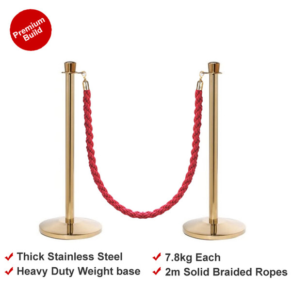 Premium Queue Barriers Set Crowd Control Bollards (2x Golden POLE+ 1x braided ROPE)