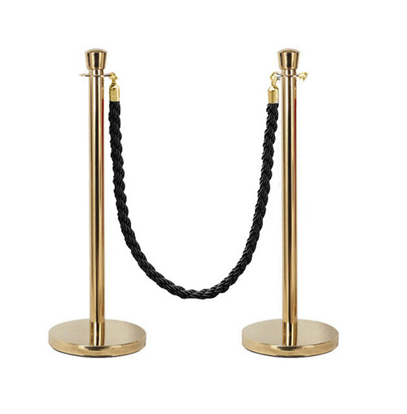 2x Queue Barriers + 1 Ropes Crowd Control Bollards Stands (GOLD WITH BLACK ROPE)