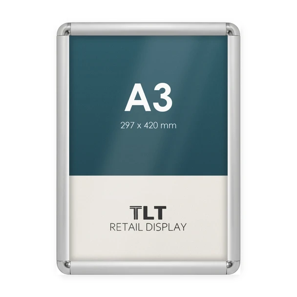 A3 silver round corner snap frame with 25mm aluminium profile, front view