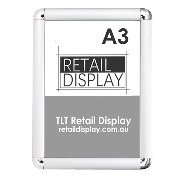 A3 snap lock poster frame, 25mm silver aluminium profile, rounded corners