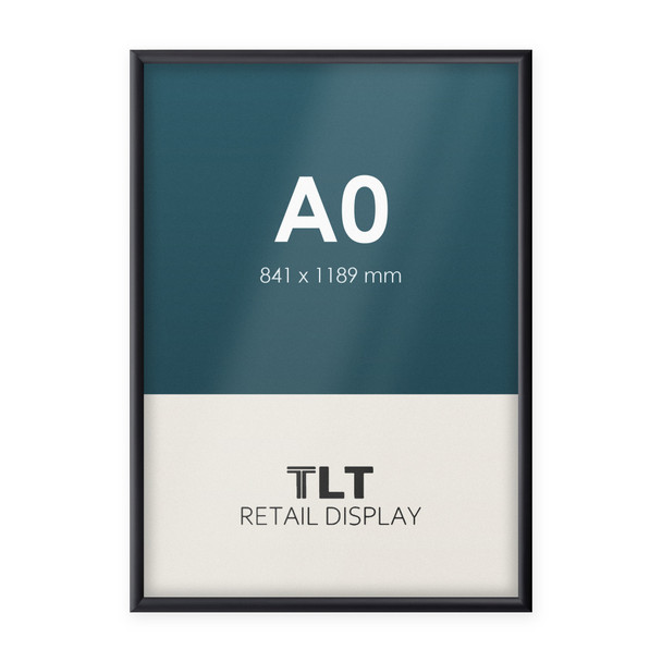 A0 black snap frame with 25mm aluminium profile and square corners, front view