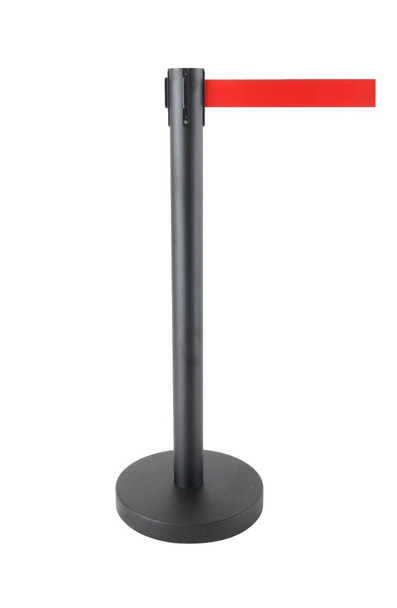 Black 92 cm retractable belt queue barrier with a red belt, 1 post