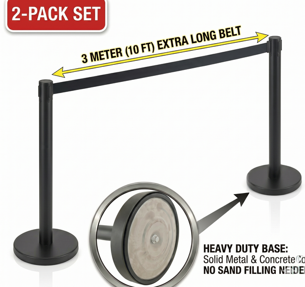 Black 92 cm retractable belt queue barrier with a black belt, 2 posts