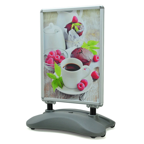 A1 waterbase double-sided pavement sign with silver handle and wheels – outdoor snap frame display stand
