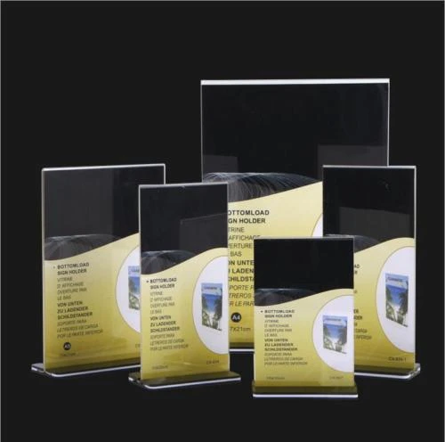 DL/A5/A4/A3 double sided acrylic sign holder with 2mm perspex panel and 10mm black acrylic base