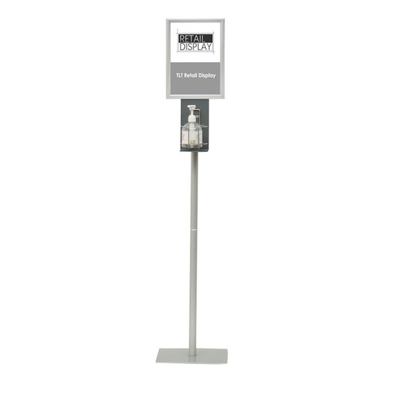 Black metal floor-standing hand sanitiser station with A4 snap frame sign holder