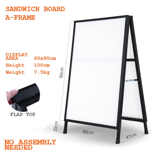Black steel A-frame sandwich board 600x900mm with space for corflute inserts
