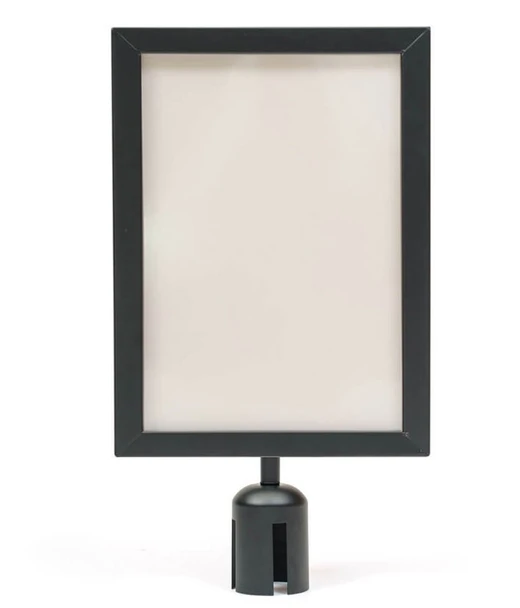 Black A4 portrait sign holder for a retractable belt queue post, front view