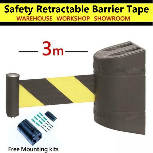 Wall Mounted Retractable Belt Barrier - 3m Black and Yellow Belt