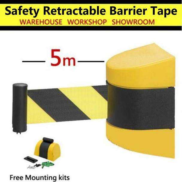 Wall Mounted Retractable Belt Barrier - 5m Black and Yellow Belt