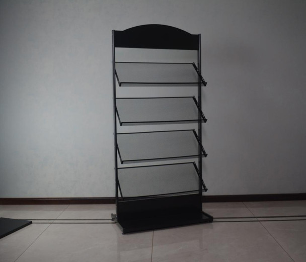 Black multi-layer magazine and brochure holder display rack with 4 pockets