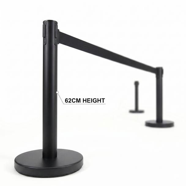 Black 62 cm retractable belt queue barrier with a black belt, 1 post