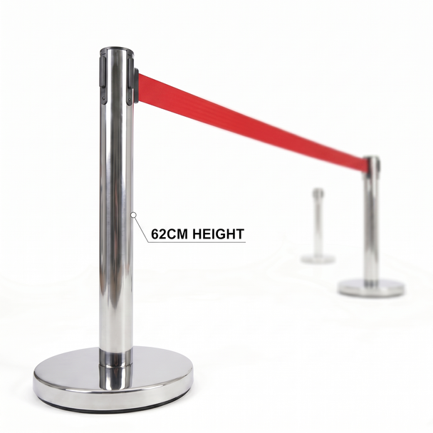 Silver 62 cm retractable belt queue barrier with a red belt, 1 post
