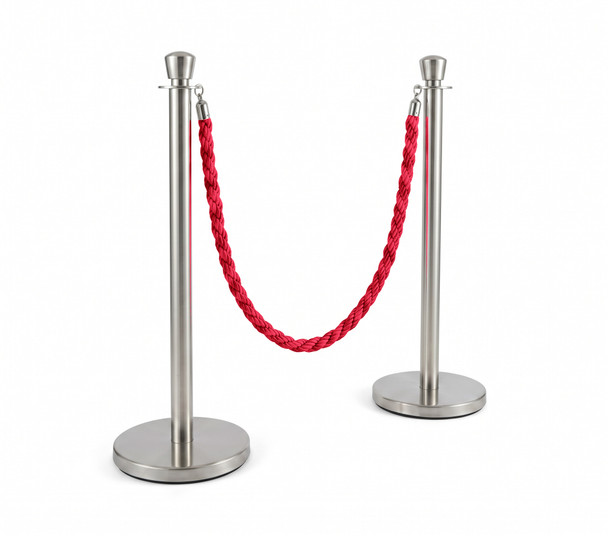 Polished Stainless Steel Rope Barrier Stanchion Set - 2 Posts & 1 Red Rope