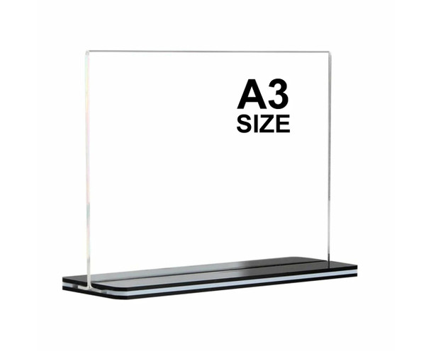 A3 size double-sided clear acrylic sign holder in landscape orientation on a flat surface