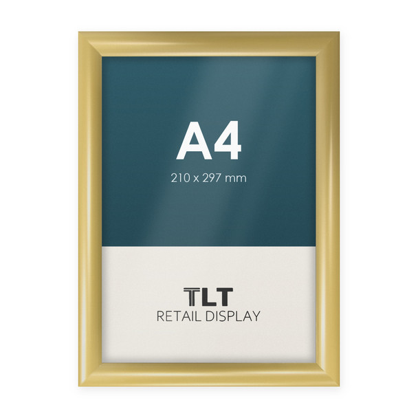 A4 gold snap frame with 25mm aluminium profile and square corners, front view